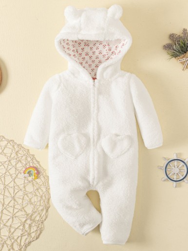 Baby 3D Ear Design Hooded Zip Up Flannel Jumpsuit