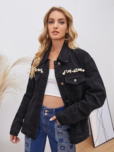 Collared Pearls Beaded Denim Jacket