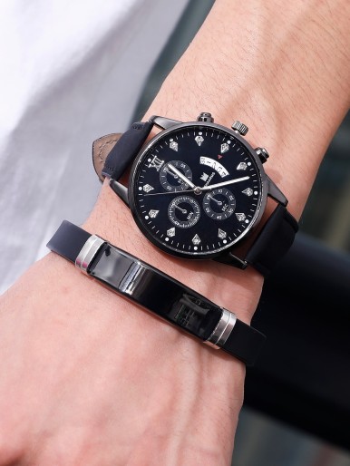 1pc Men Triple Dial Date Quartz Watch & 1pc Bracelet