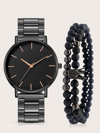 1pc Men Round Quartz Watch & 2pcs Bracelet