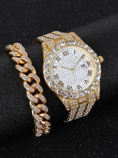 1pc Men Rhinestone Decor Watch & 1pc Chain Bracelet