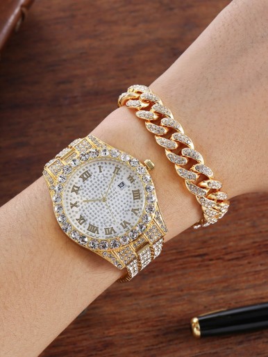 1pc Men Rhinestone Decor Watch & 1pc Chain Bracelet