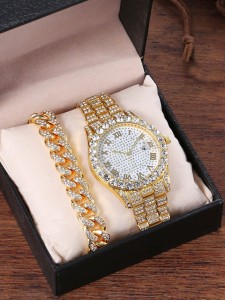 1pc Men Rhinestone Decor Watch & 1pc Chain Bracelet