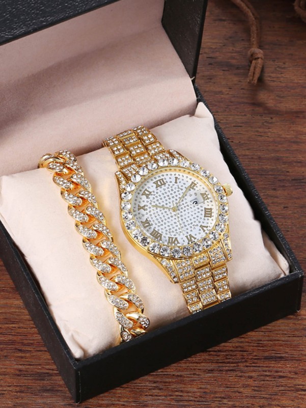 1pc Men Rhinestone Decor Watch & 1pc Chain Bracelet