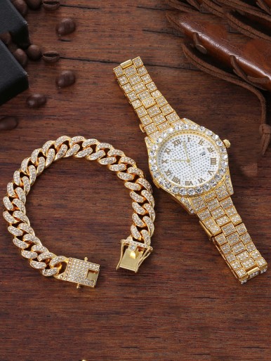 1pc Men Rhinestone Decor Watch & 1pc Chain Bracelet