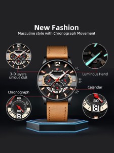 Men Triple Dial Round Pointer Quartz Watch