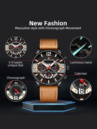 Men Triple Dial Round Pointer Quartz Watch