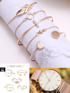 1pc Alloy Round Watch & 5pcs Bracelet