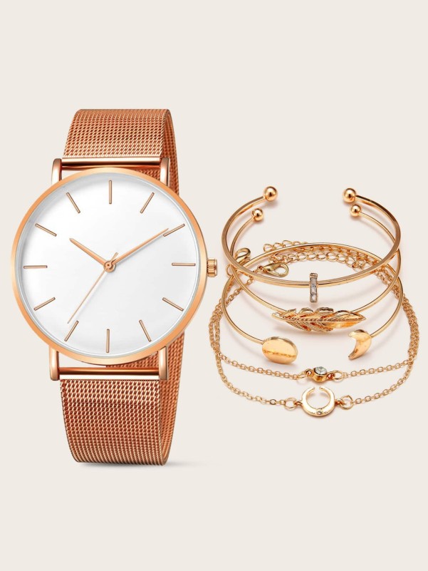 1pc Alloy Round Watch & 5pcs Bracelet