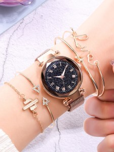 1pc Glitter Dial Quartz Watch & 4pcs Bracelet