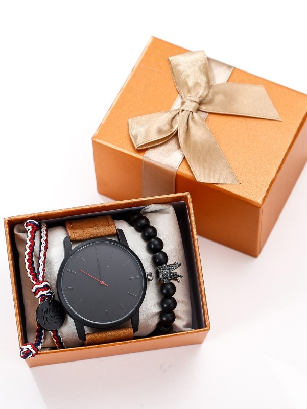 Men 1pc Minimalist Quartz Watch & 2pcs Bracelet