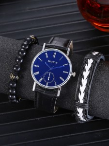 1pc Men Round Pointer Quartz Watch & 2pcs Bracelet