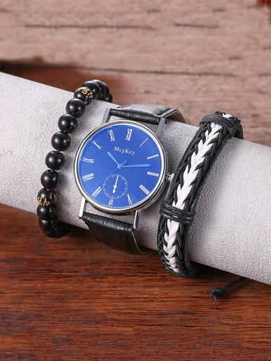 1pc Men Round Pointer Quartz Watch & 2pcs Bracelet