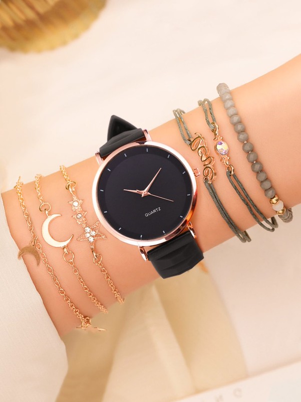 1pc Simple Round Pointer Quartz Watch & 6pcs Bracelet