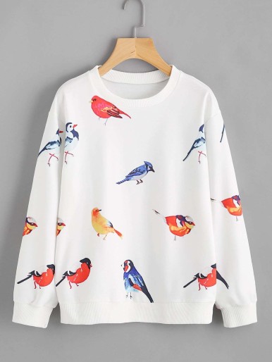 Random Birds Print Ribbed Trim Sweatshirt