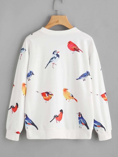 Random Birds Print Ribbed Trim Sweatshirt