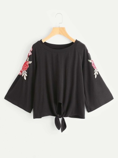 Rose Patch 3/4 Sleeve Knot Front T-shirt