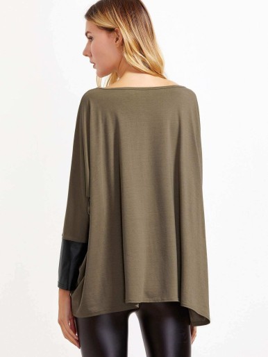 Brown Contrast Coated Panel Dolman Sleeve Oversized T-shirt