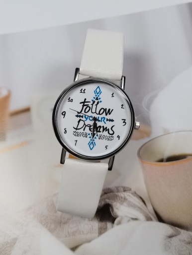 Kids Letter Graphic Dial Round Pointer Quartz Watch