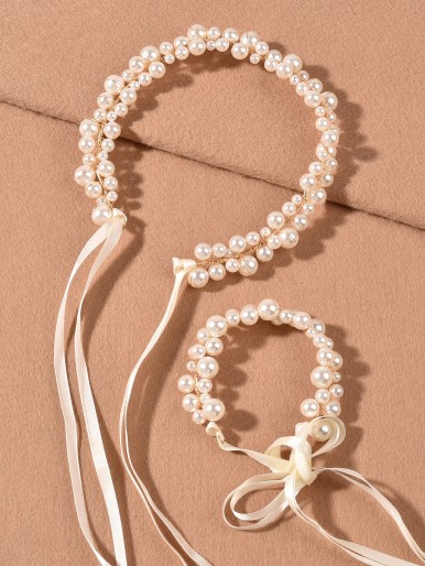 2pcs Faux Pearl Decor Hair Band