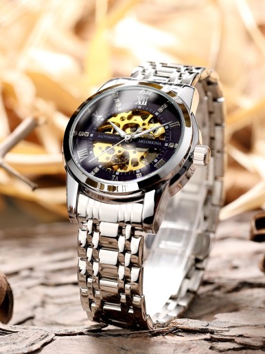 Men Skeleton Dial Round Pointer Mechanical Watch