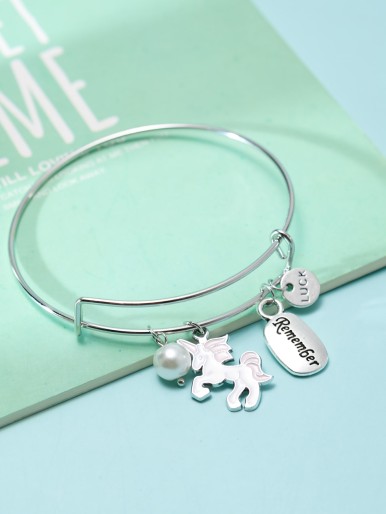 Girls Faux Pearl & Unicorn Charm Bangle