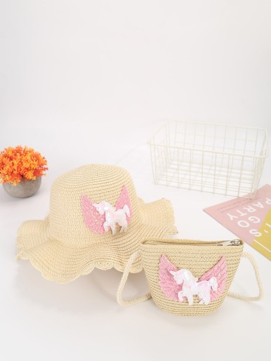 Girls Unicorn Appliques Straw Bag With Hat