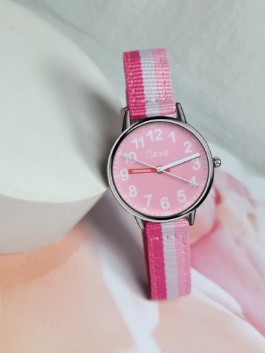 Kids Striped Canvas Strap Round Pointer Watch