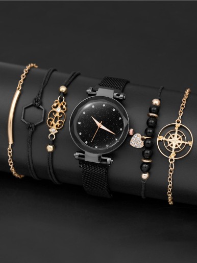 1pc Starry Sky Dial Quartz Watch & 5pcs Bracelet