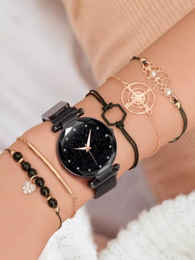 1pc Starry Sky Dial Quartz Watch & 5pcs Bracelet