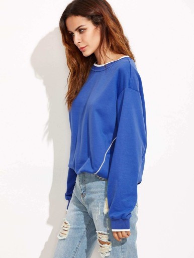 Blue Striped Trim Drop Shoulder Contrast Piping Sweatshirt