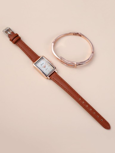 1pc Rectangle Pointer Watch & 1pc Bracelet