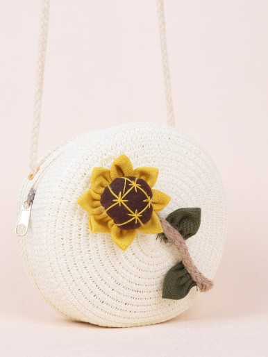 Girls Sunflower Appliques Straw Circle Bag