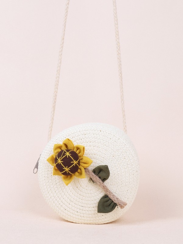 Girls Sunflower Appliques Straw Circle Bag