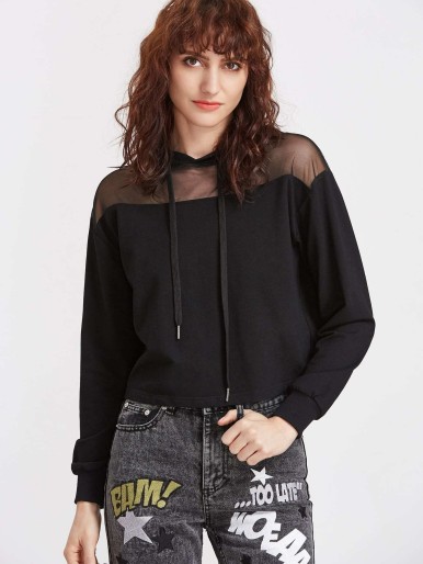 Sheer Mesh Shoulder Hoodie Sweatshirt