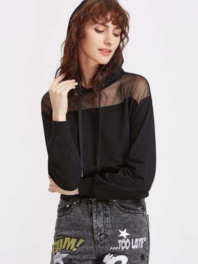 Sheer Mesh Shoulder Hoodie Sweatshirt