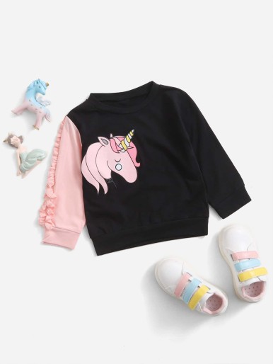 Baby Cartoon Graphic Frill Trim Sweatshirt