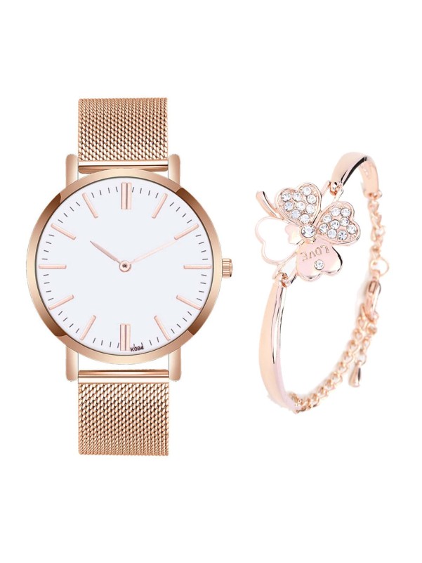 1pc Pointer Watch With 1pc Rhinestone Flower Bracelet