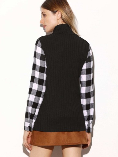 Black Ribbed Knit Checkered Sleeve T-shirt