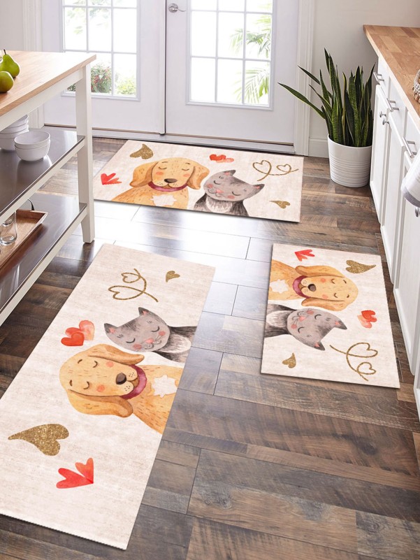 1pc Dog & Cat Print Kitchen Rug