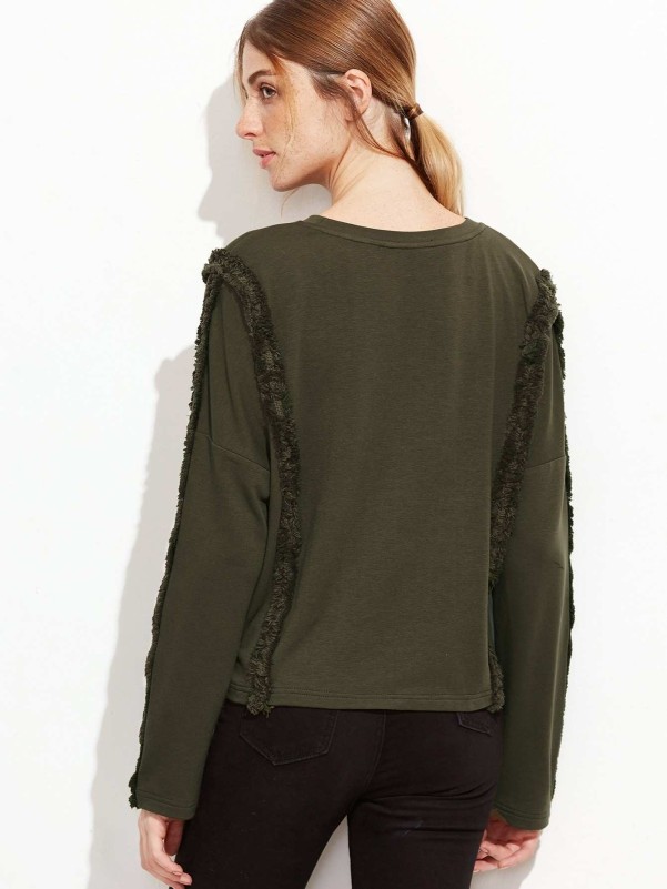 Olive Green Frayed Trim Drop Shoulder T shirt