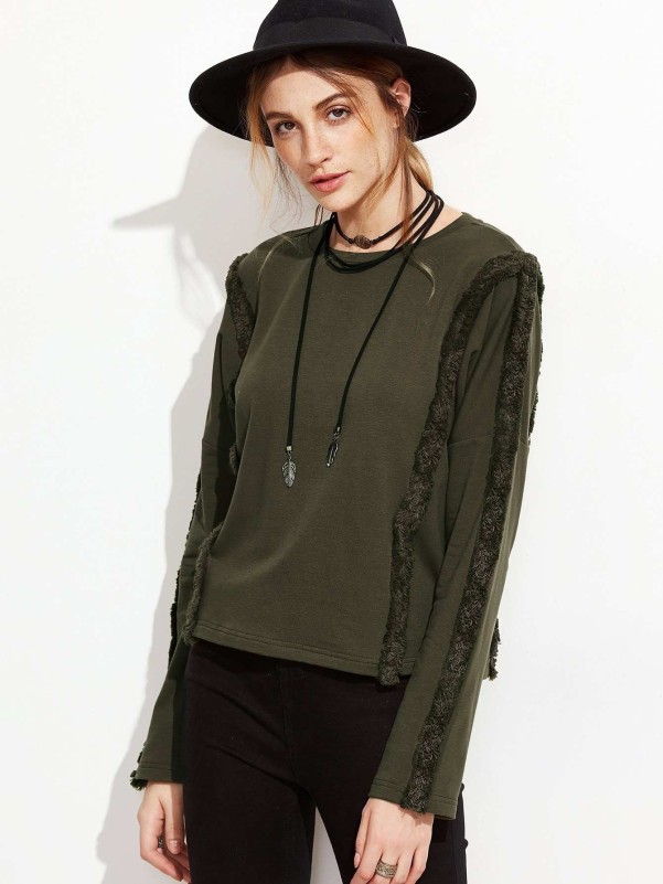 Frayed trim drop outlet shoulder sweater