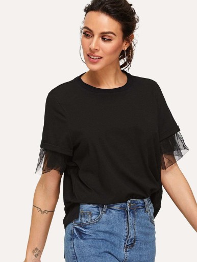 Sheer Mesh Sleeve Tee