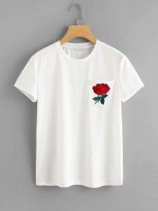 Floral Embroidered Pocket Patched Tee