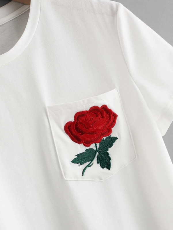 Floral Embroidered Pocket Patched Tee