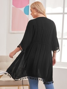 Plus Tassel Trim Solid Kimono