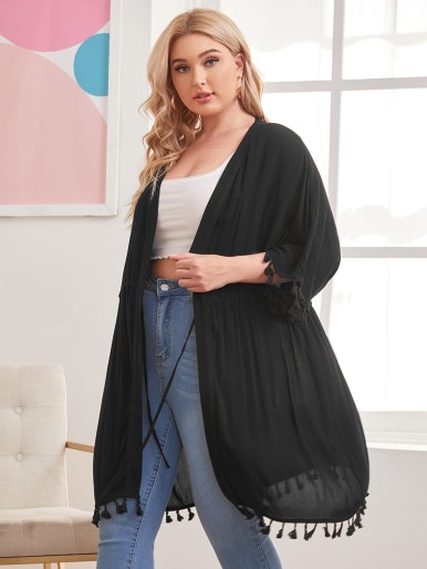 Plus Tassel Trim Solid Kimono