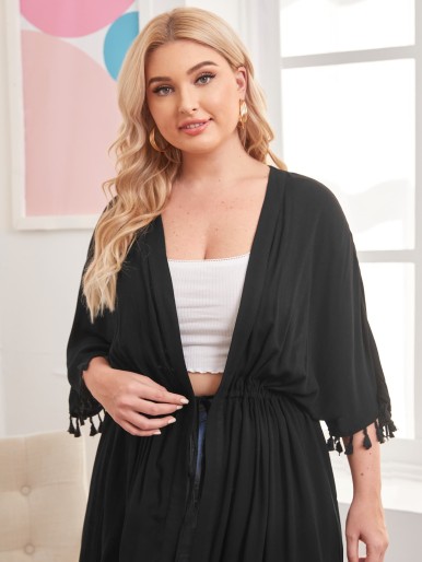 Plus Tassel Trim Solid Kimono