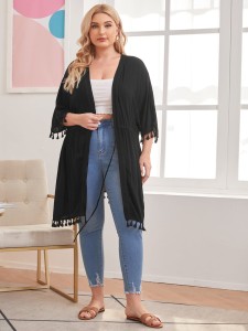 Plus Tassel Trim Solid Kimono