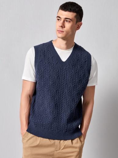 Men V Neck Cable Knit Sweater Vest Without Blouse